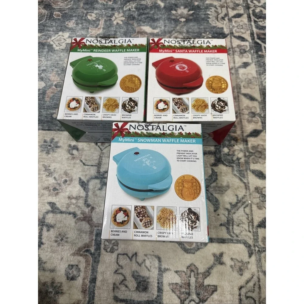 Lot of 3 Nostalgia MyMini Holiday Christmas Waffle Maker Santa Reindeer Snowman